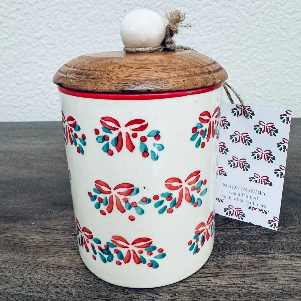 Christmas Holiday Ribbon Handcrafted Ceramic Lidded Jar